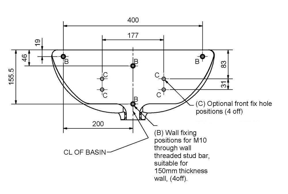 Wallgate Wash Hand Basin Solid Surface - Front Fixed Exposed Services & RH Tap Holes