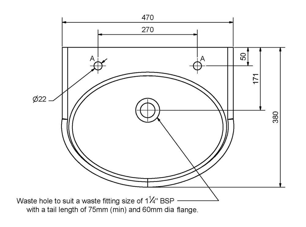 Wallgate Wash Hand Basin Solid Surface - Front Fixed Exposed Services & RH Tap Holes