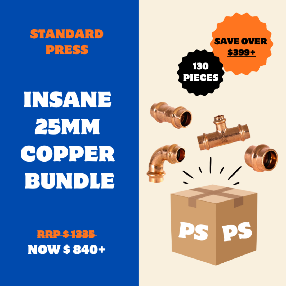 Promotional image of a copper bundle with pipes and a box, featuring text on a blue and beige background.