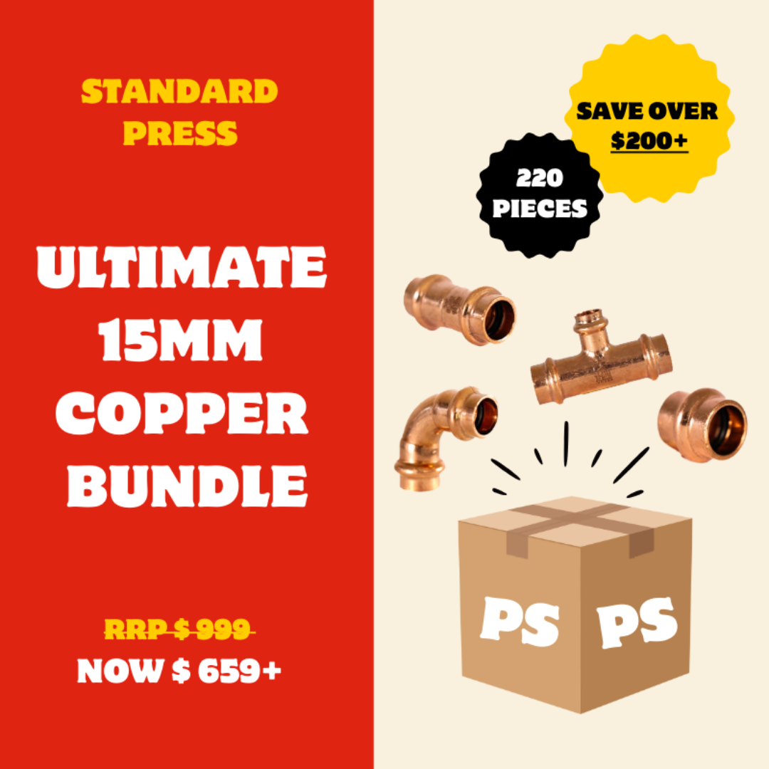 Promotional image of a copper bundle with pipes and a box, featuring text on a red and beige background.