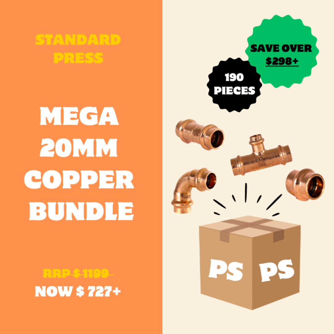 Promotional graphic for a copper bundle with pipes and a box, featuring text on an orange and beige background.