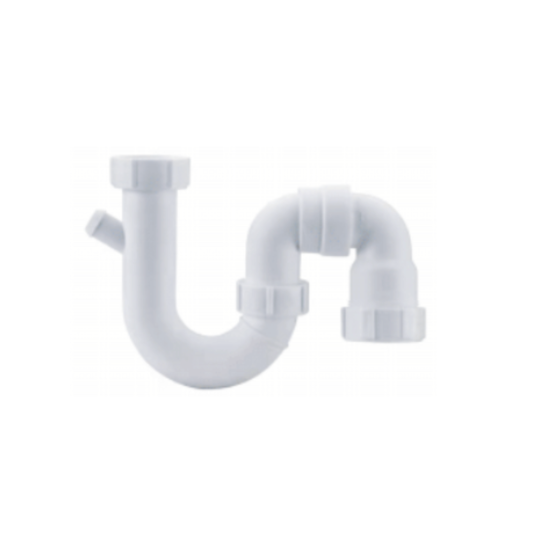 A white plastic S&P trap combination with dishwasher connection, against a white background.