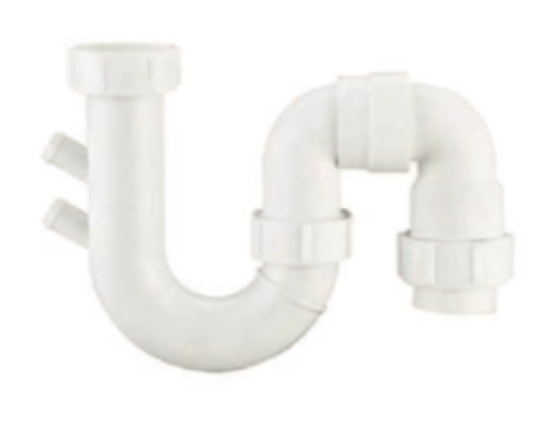 A white plastic S&P trap combination with dishwasher connection, typically used in plumbing.