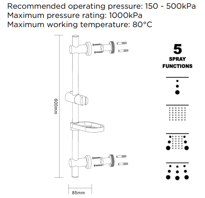 Chrome 5 Function Hand Shower on Rail