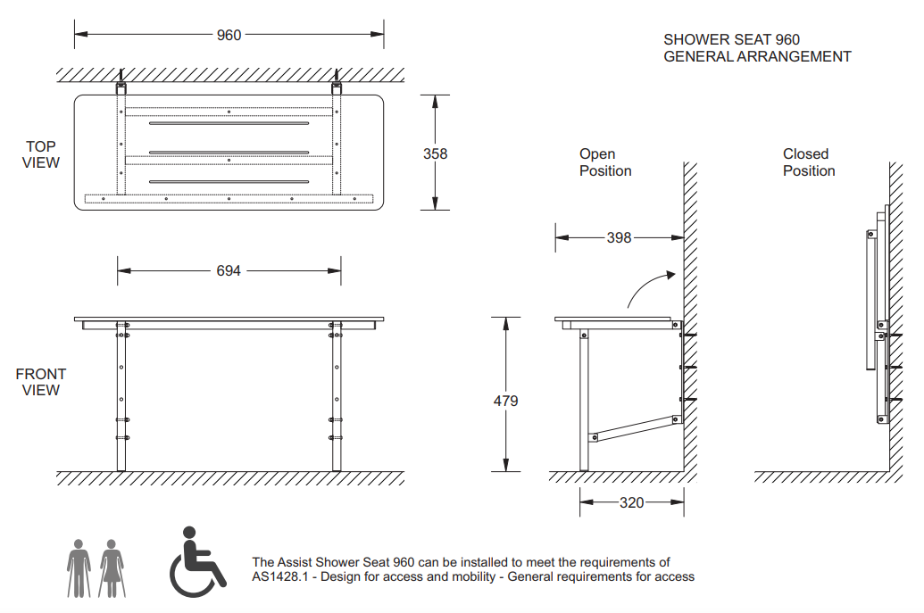 Assisted Living Shower Seat - Stainless Steel - 960mm x 400mm