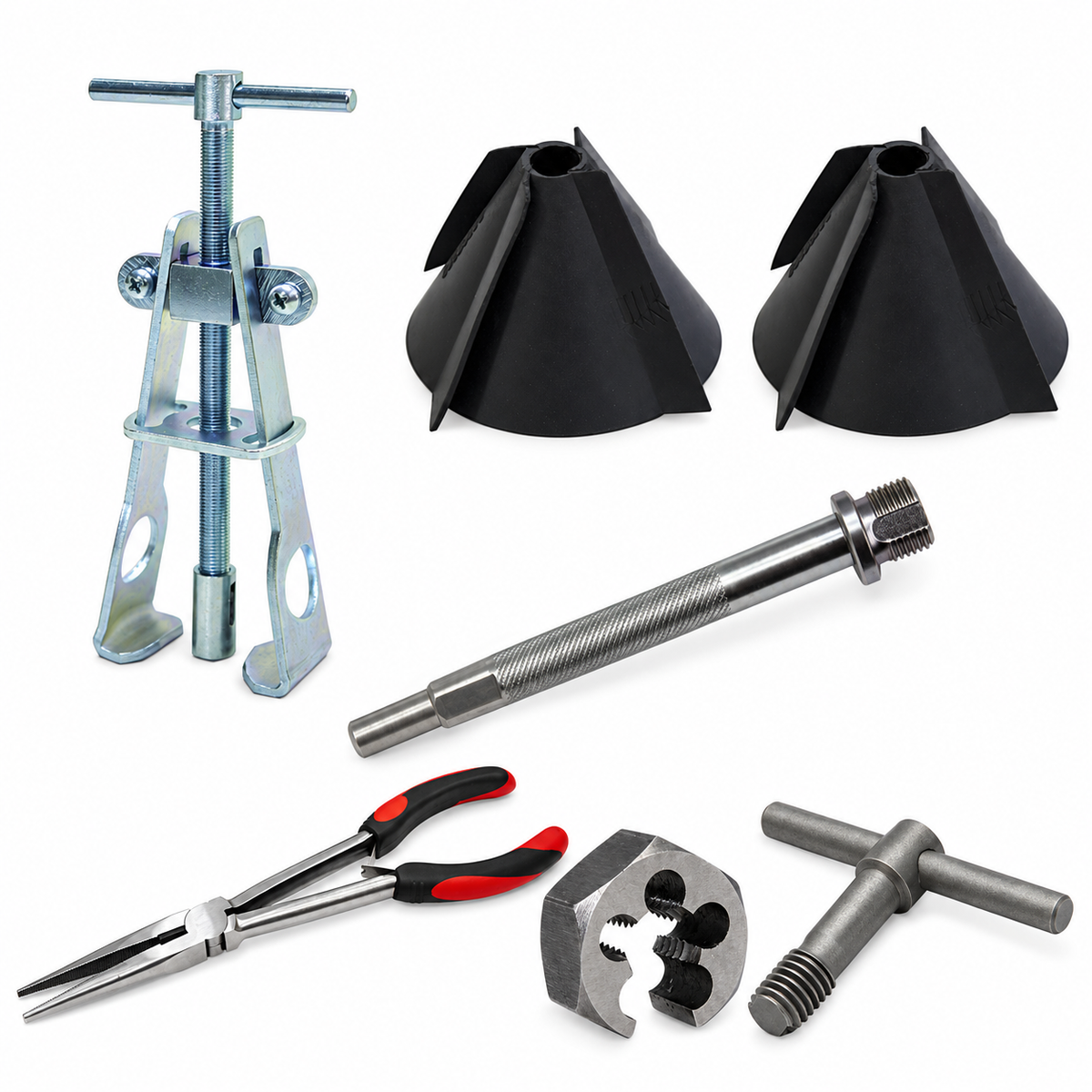Plumtool Tap Service Kit - Handle Puller, Flange Remover, Breech Straightener, Spindle & Bonnet Cleaners, Long Nose Pliers | PTKIT-TAP