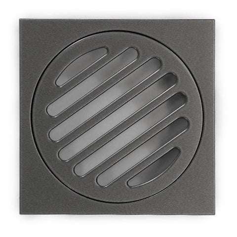 Gun metal drain covers with a brushed finish.