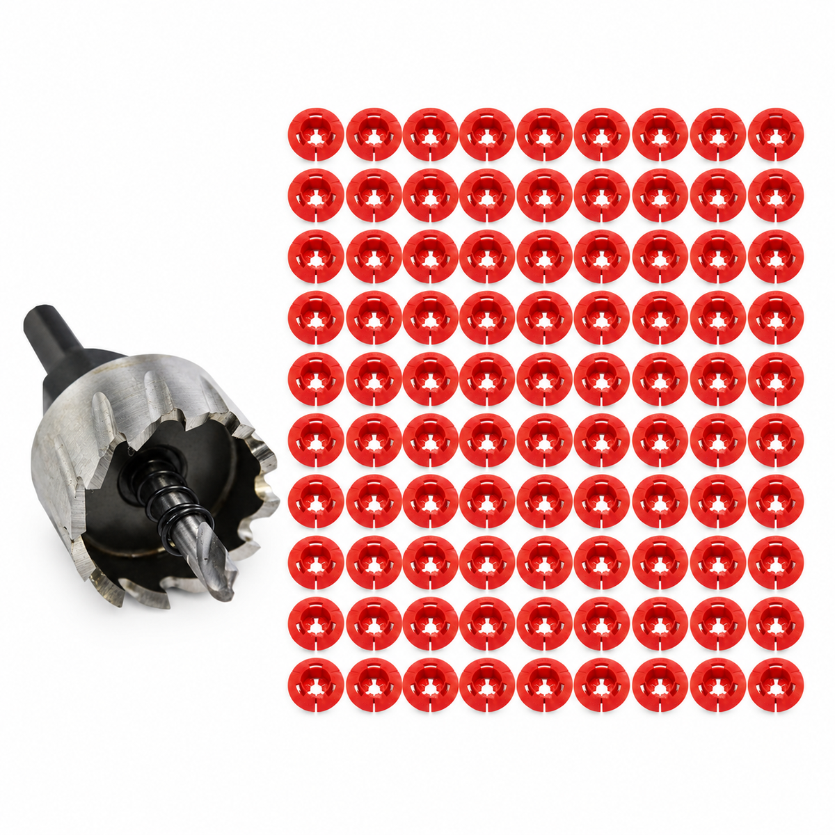Plumtool Steel Stud Rough-In Kit - 34mm Stud Drill, Red Multi-Fit Grommets 100pk | PTKIT-STUD