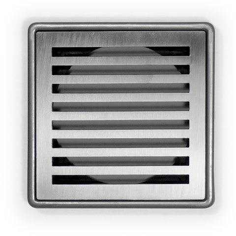 Square-shaped drain cover with revolving outlet grates, designed for tile and vinyl applications.