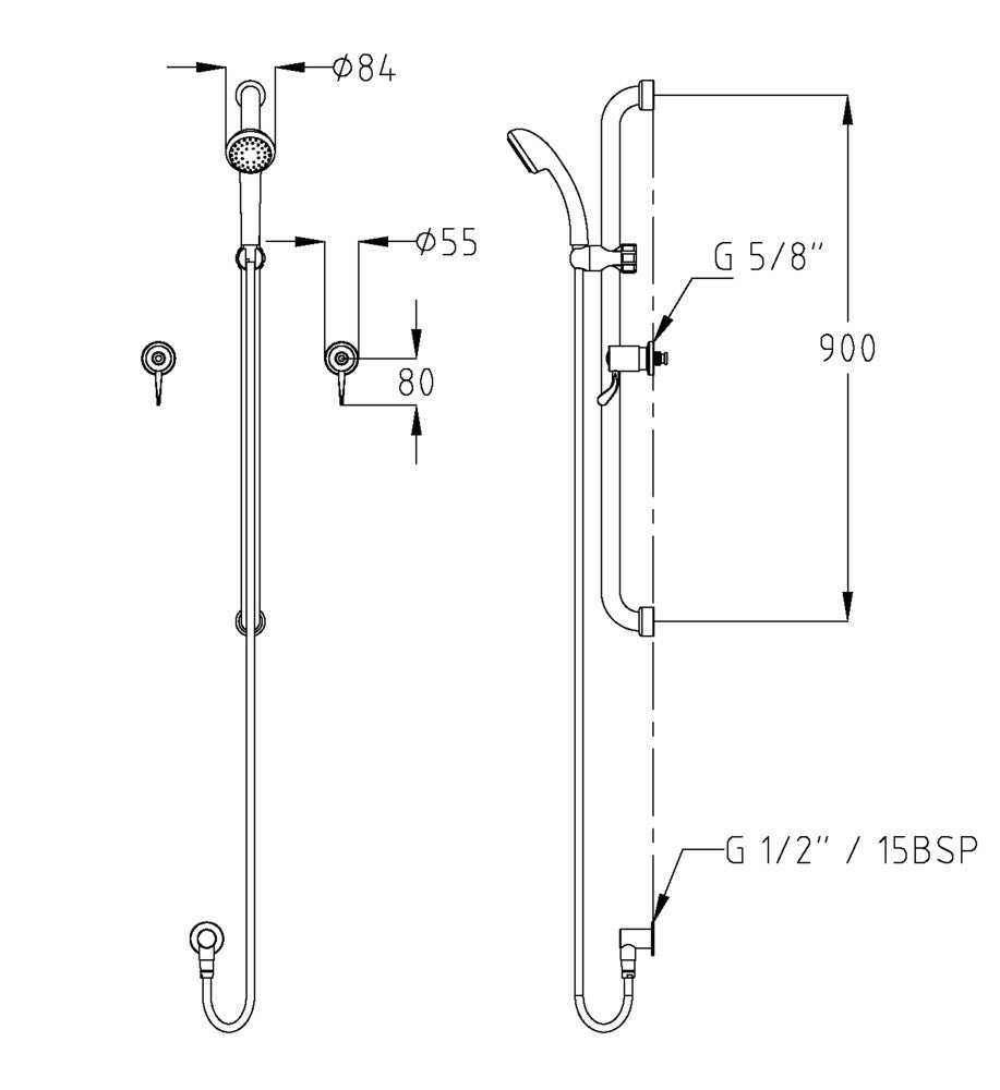 CliniLever® CP-BS Hospital Shower Set 80 J/V with Medi Hand Shower & 900mm Stainless Steel Grab