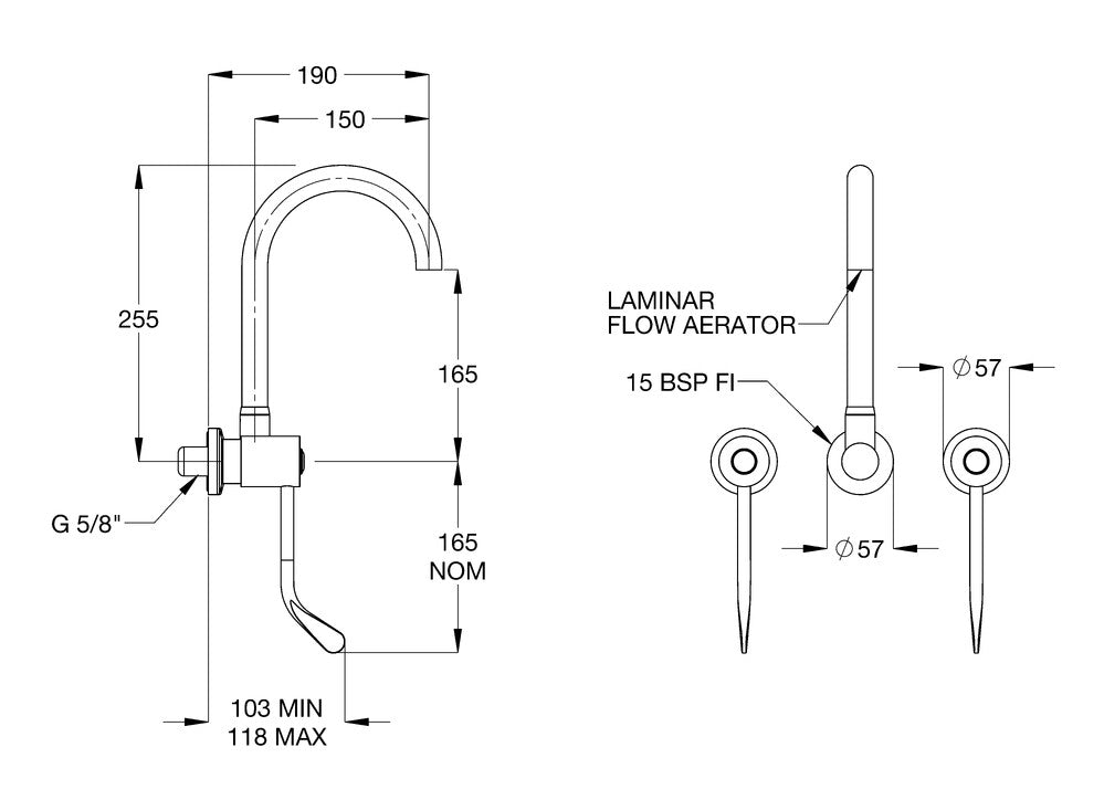 CliniLever® CP-BS Hospital Wall Sink Set 150 C/D with 190mm Gooseneck Outlet