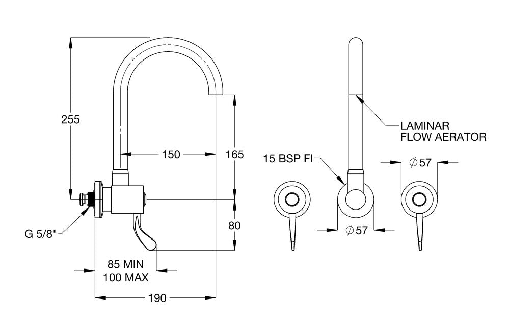 CliniLever® CP-BS Hospital Wall Sink Set 80 J/V with 190mm Gooseneck Outlet
