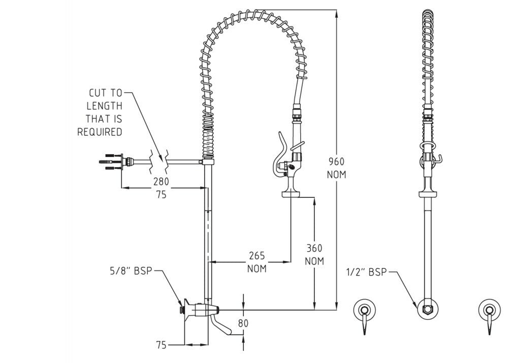 Ezy-Wash® CP-BS Wall Mounted Concealed Mixing Pre-Rinse Unit Type 82 Wall Tap - Standard