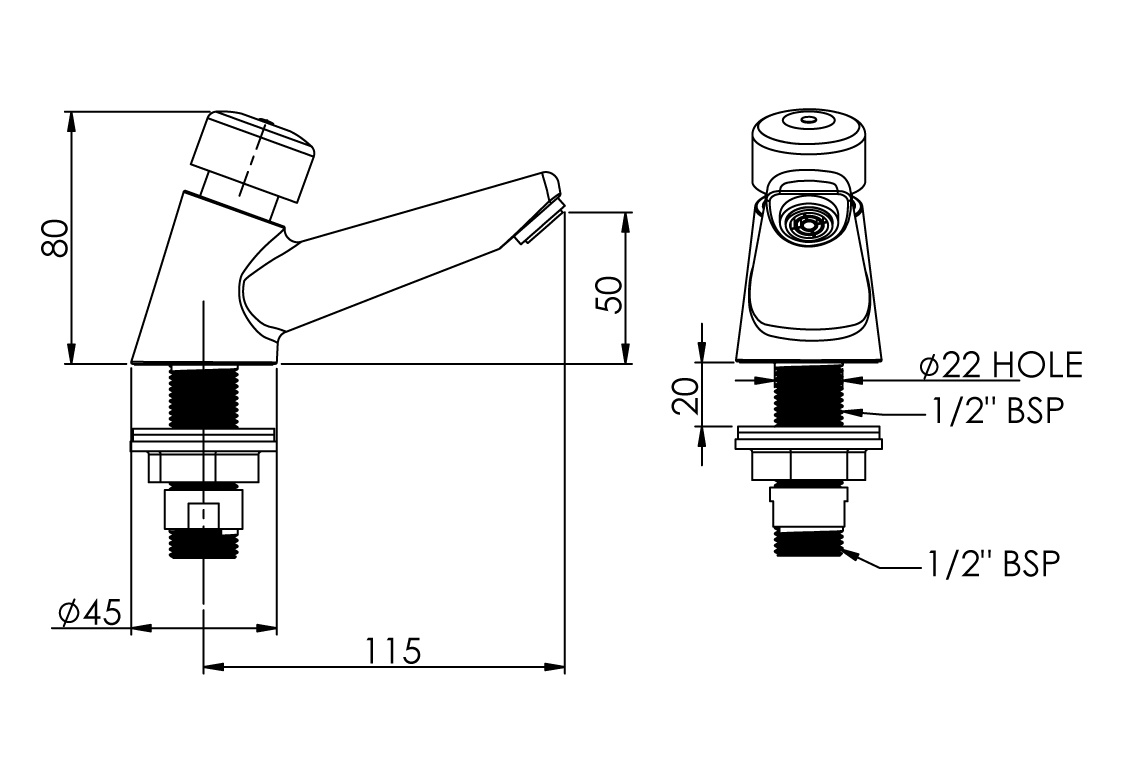 Enware-Delabie TempoStop Time Flow Basin Pillar Tap – Push Button