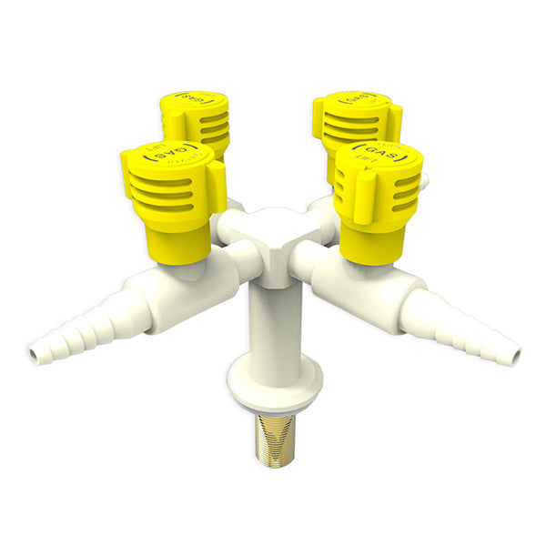 ProLab® Epoxy Coated Brass 4-Way Gas Turret Bench Mtd LP Gas - Lift/Turn