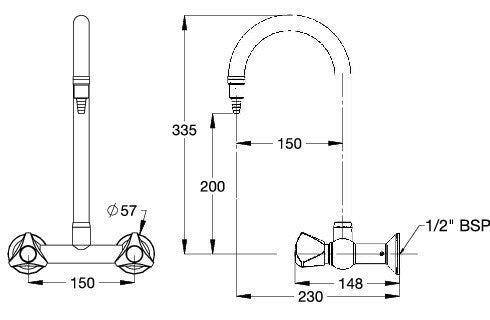 ProLab® Epoxy Coated Brass Wall Mtd Lab Set Side H&C 1-Way Swivel Gooseneck N/V #16XT Tube Nozzl