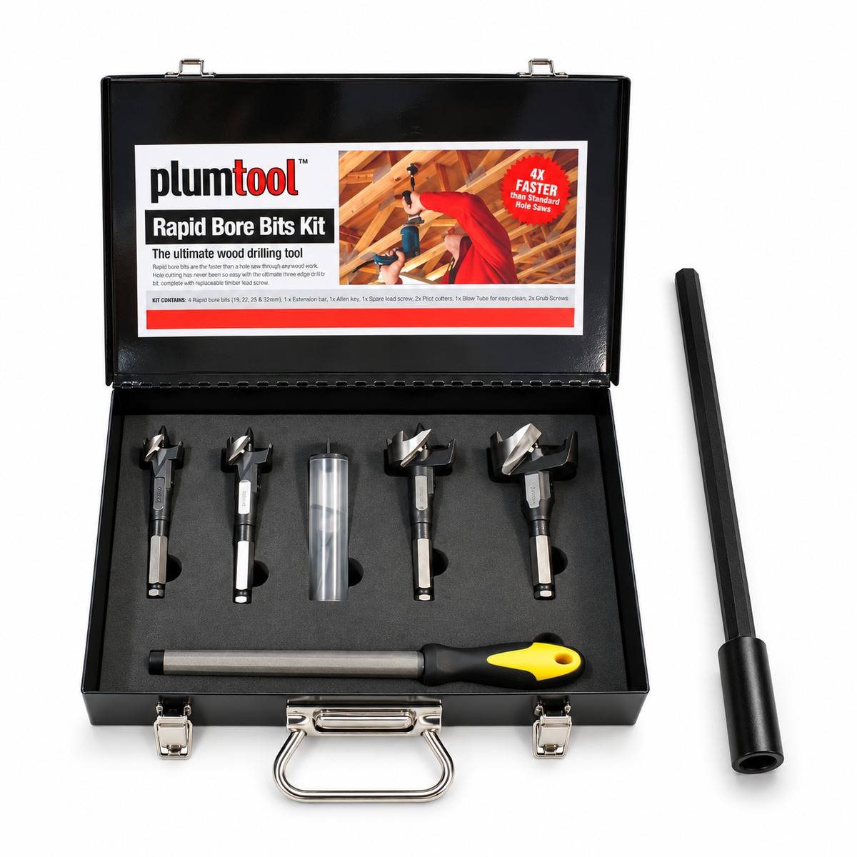 Plumtool Timber Rough-In Boring Kit - Rapid Bore 4pc 25-57mm, 140mm Extension Bar | PTKIT-BORE