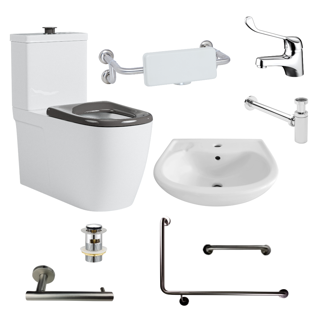A collection of bathroom fixtures and accessories including a toilet suite, hand basin, mixer tap, pop-up waste plug, bottle trap, toilet backrest, stainless steel toilet roll holder, grab bars, and a braille sign, all arranged separately against a white background.