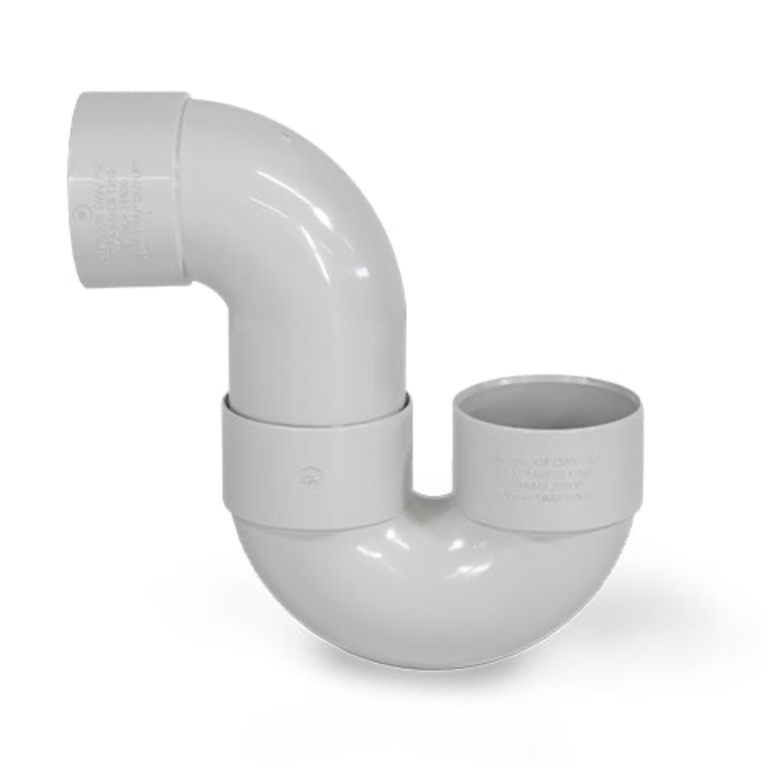 A white, S-shaped plumbing waste trap designed for in-wall installation.