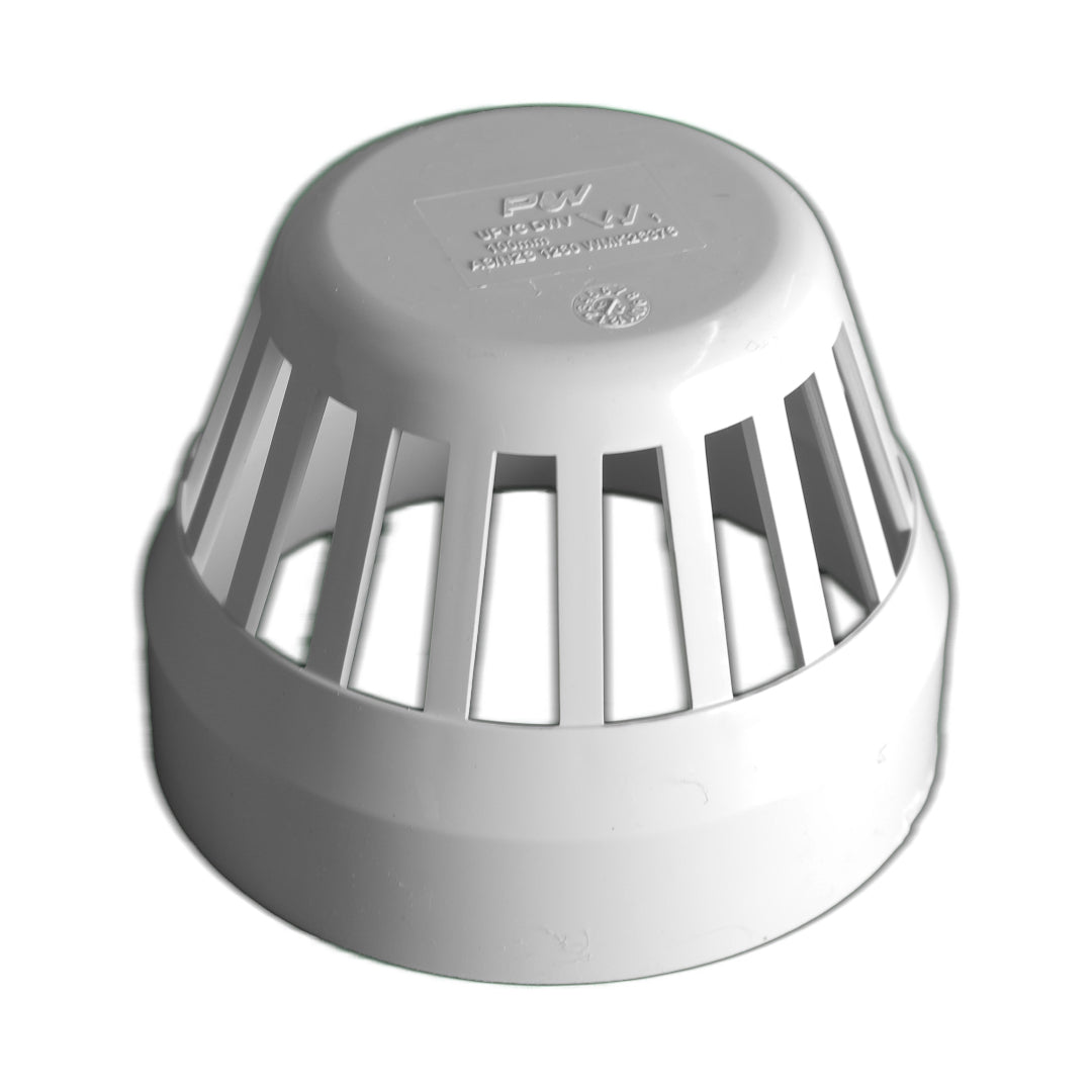 A white plastic vent cowl for plumbing systems.
