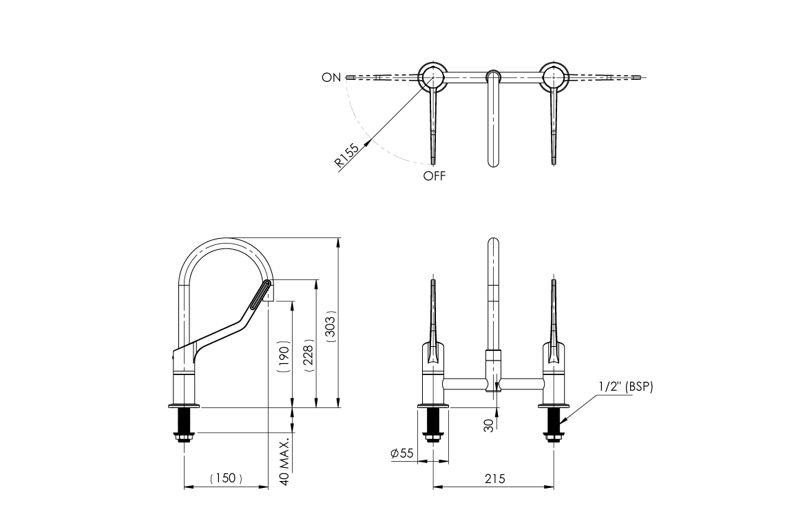 Wellbeing Leva 150mm Type 50 Hob Mounted Mixing Set with Curved Sink Spout
