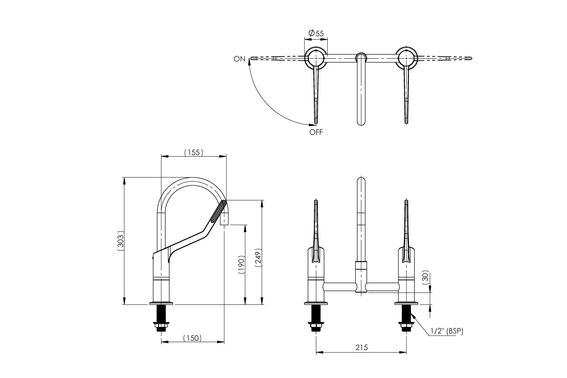 Wellbeing Leva 150mm Type 50 Hob Mounted Mixing Set with Curved Sink Spout – Jumper Valve