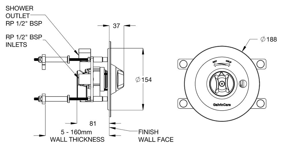 CliniMix® CP-BS Duct Mtd Thermostatic Progressive Shower Mixer with Anti-Ligature Handle - Electroni