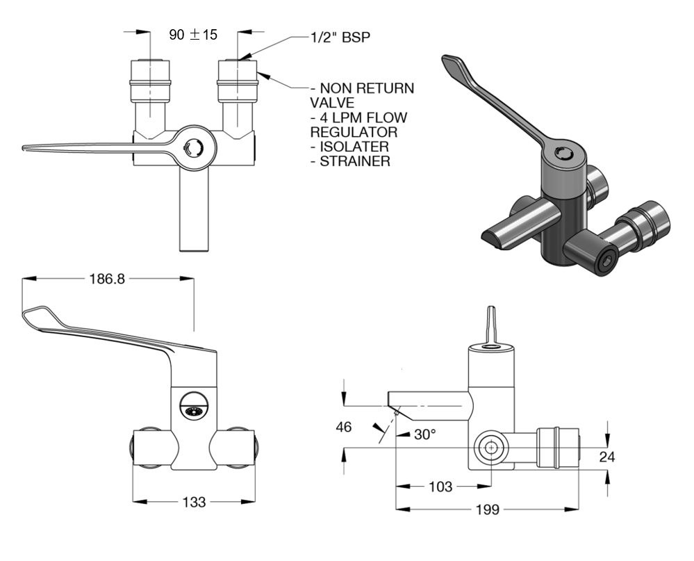 CliniMix® CP-BS Wall Mounted Thermostatic Progressive Basin Mixer - Lever 75-105