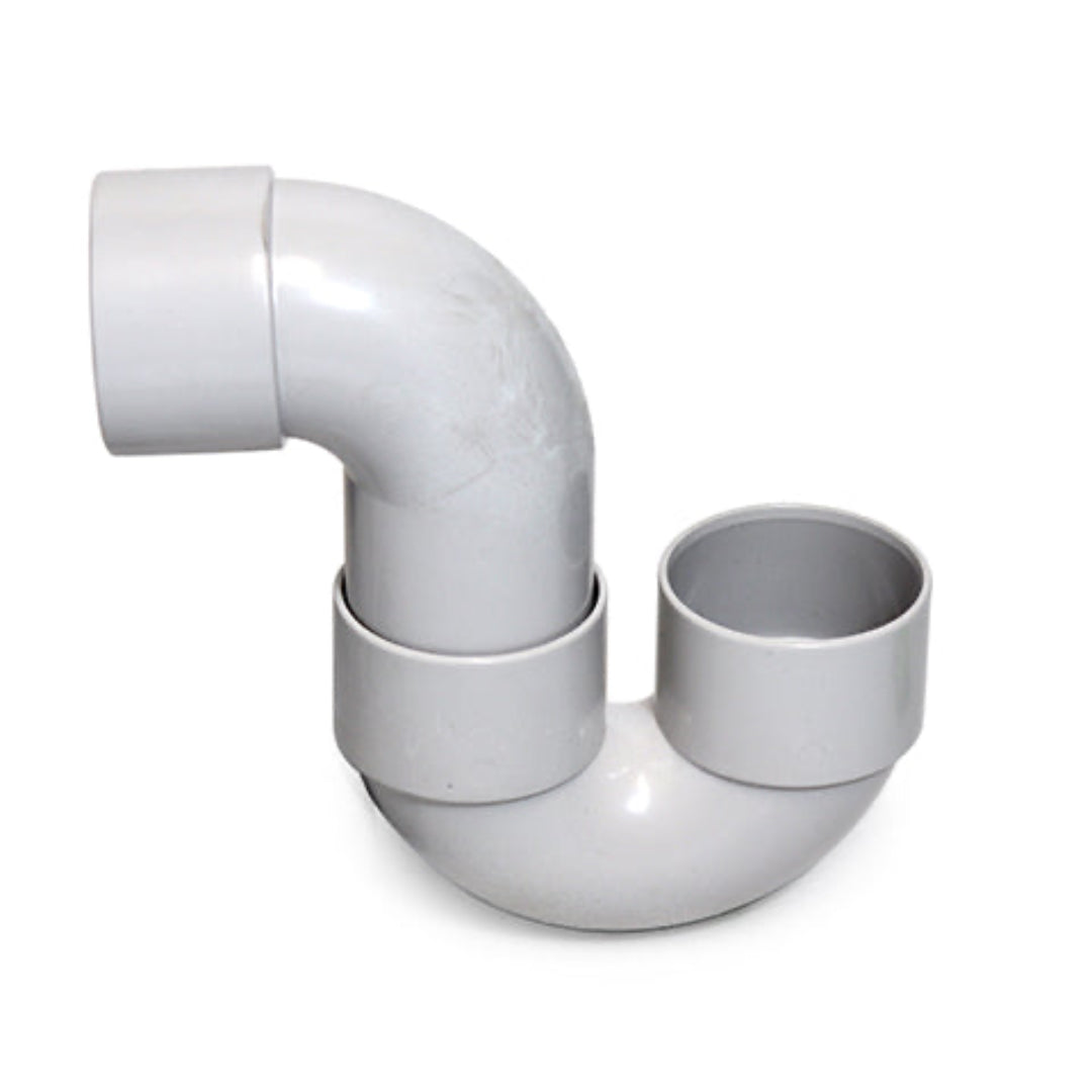 A white vertical S-shaped compact glue trap for in-wall waste traps, isolated on a white background.