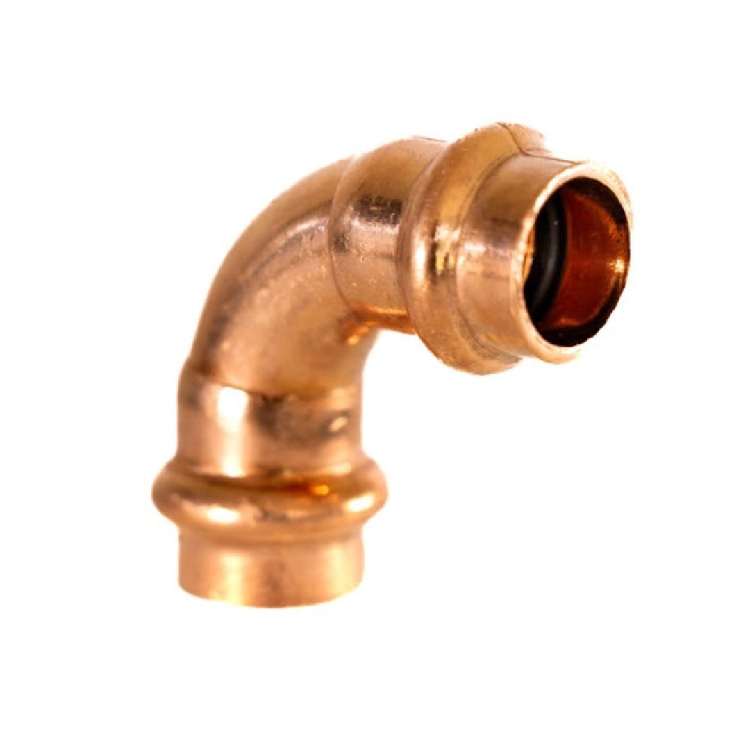 A 90 degree elbow copper press fitting for plumbing.