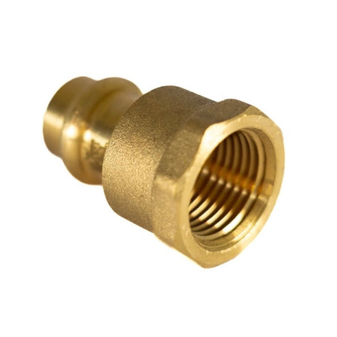 A gold-colored brass copper press adaptor with a female thread.