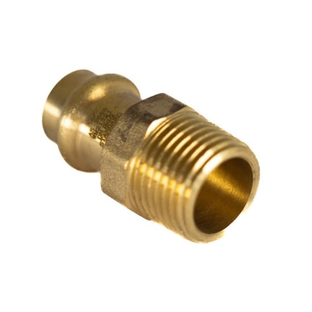 A brass-colored copper press water adaptor with male thread.