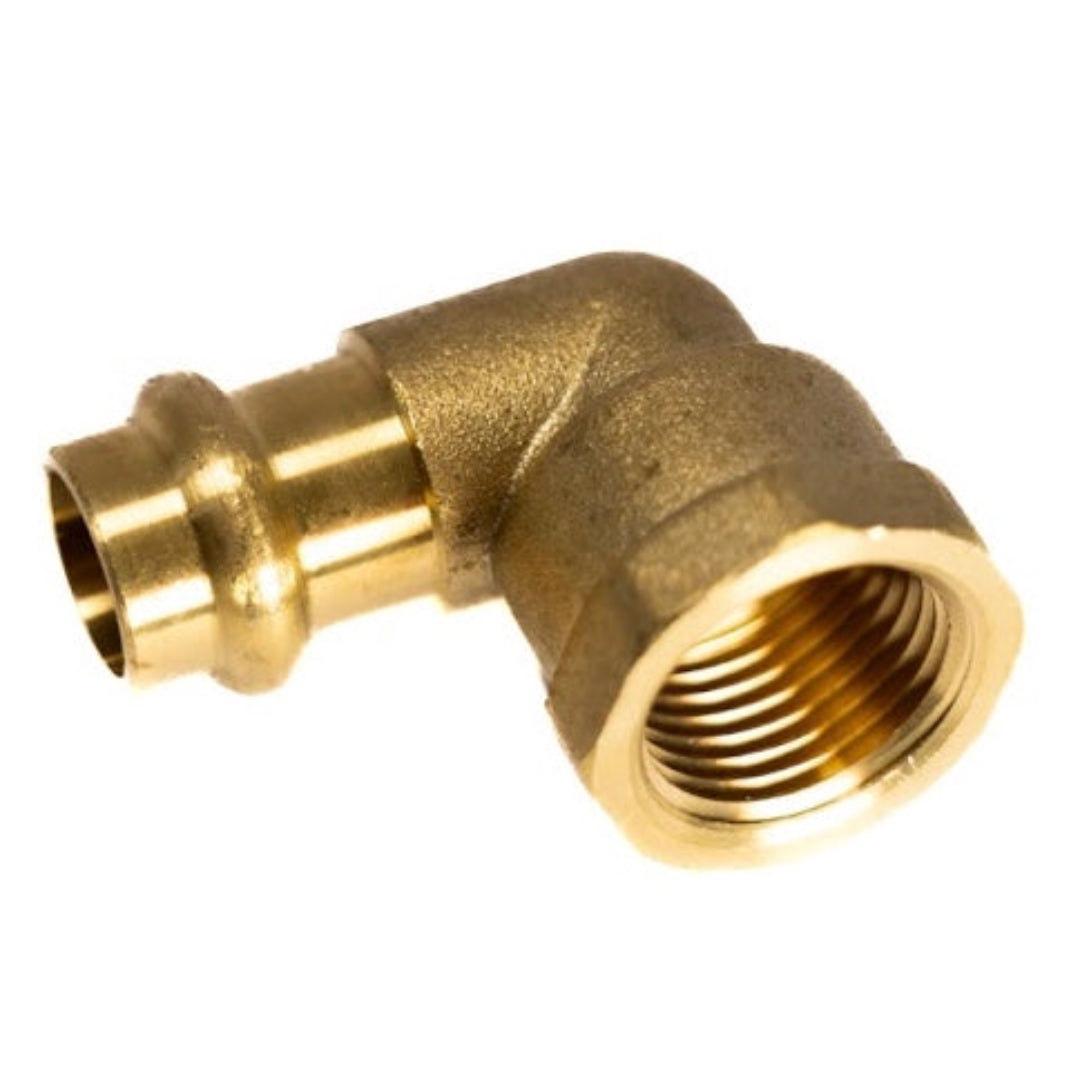 A gold-colored brass 90 degree elbow female copper press fitting.