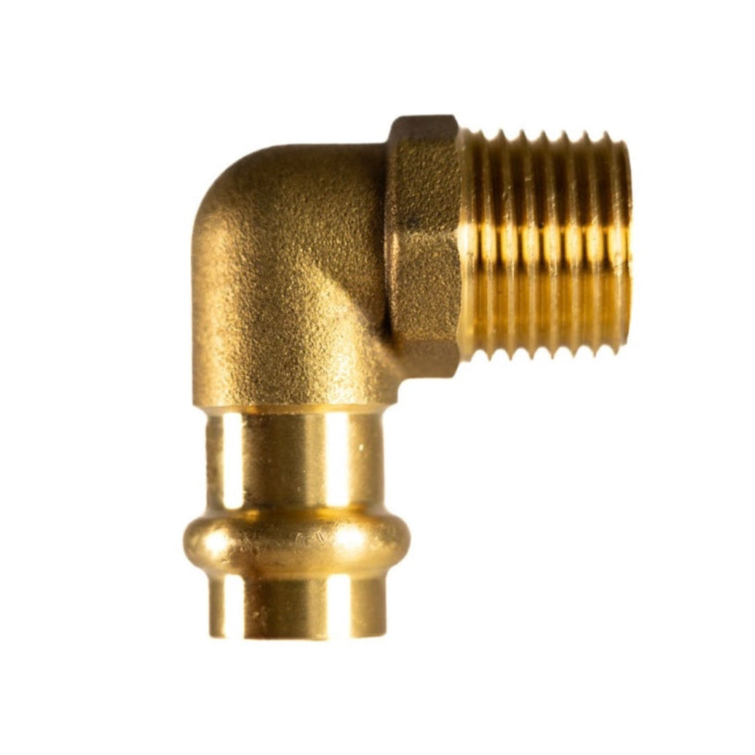 A brass 90 degree elbow male copper press fitting.
