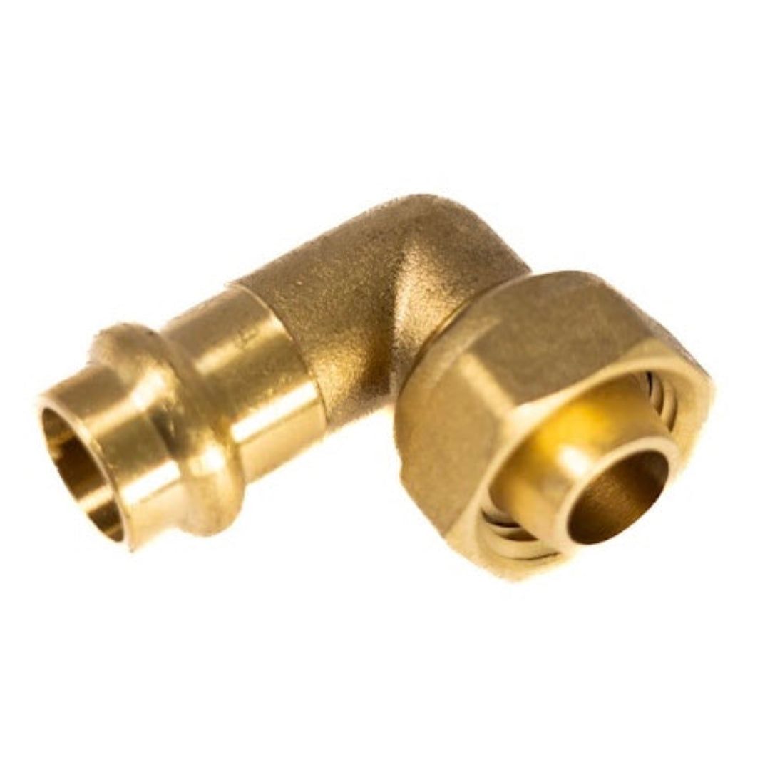 A brass elbow pipe fitting, with a female threaded end and a press connector.