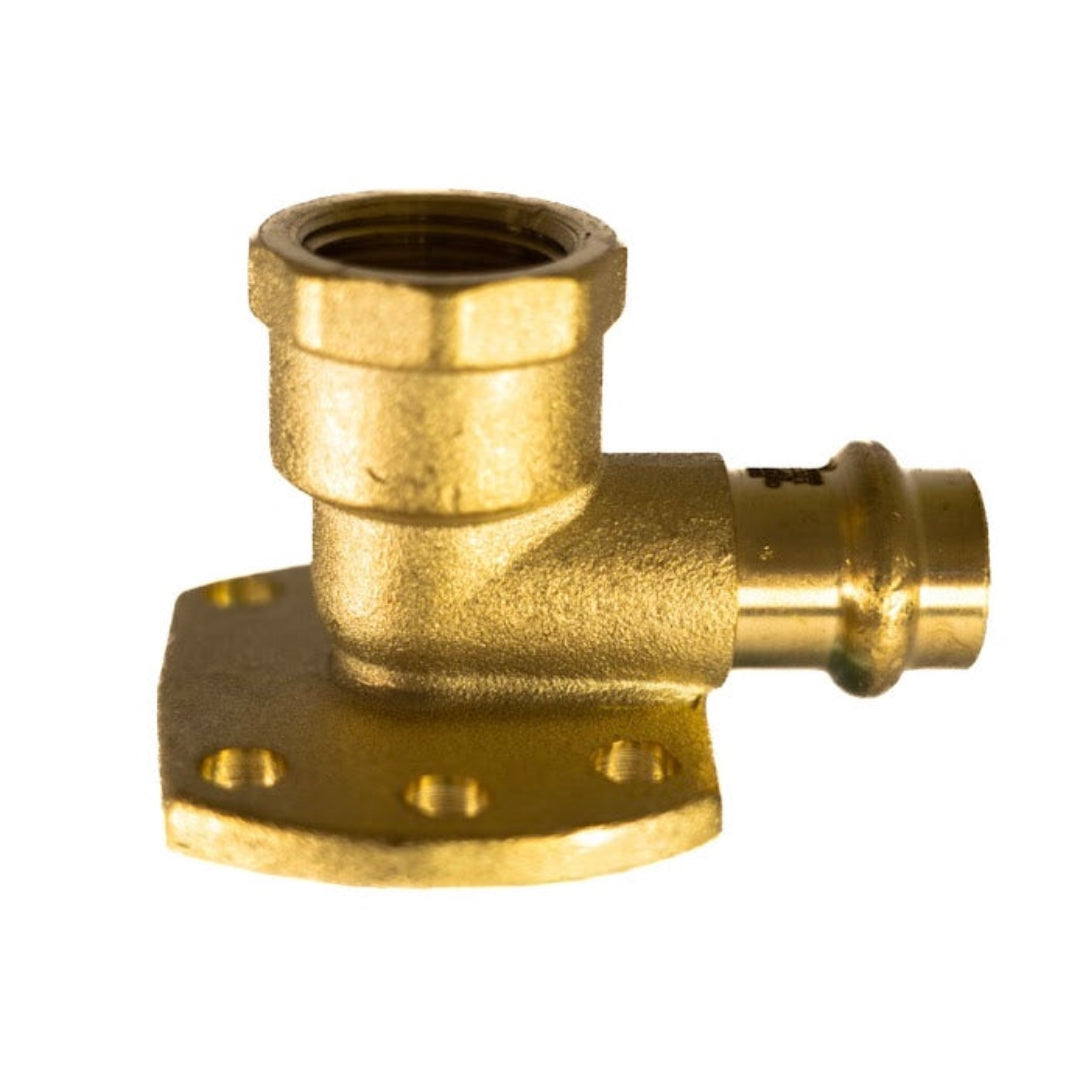 A gold-colored copper press elbow lugged female plumbing fitting.