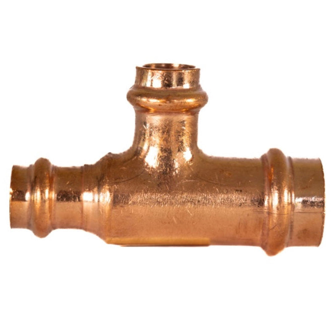 A copper press tee reducing 20mm x 15mm branch and 15mm outlet for plumbing.