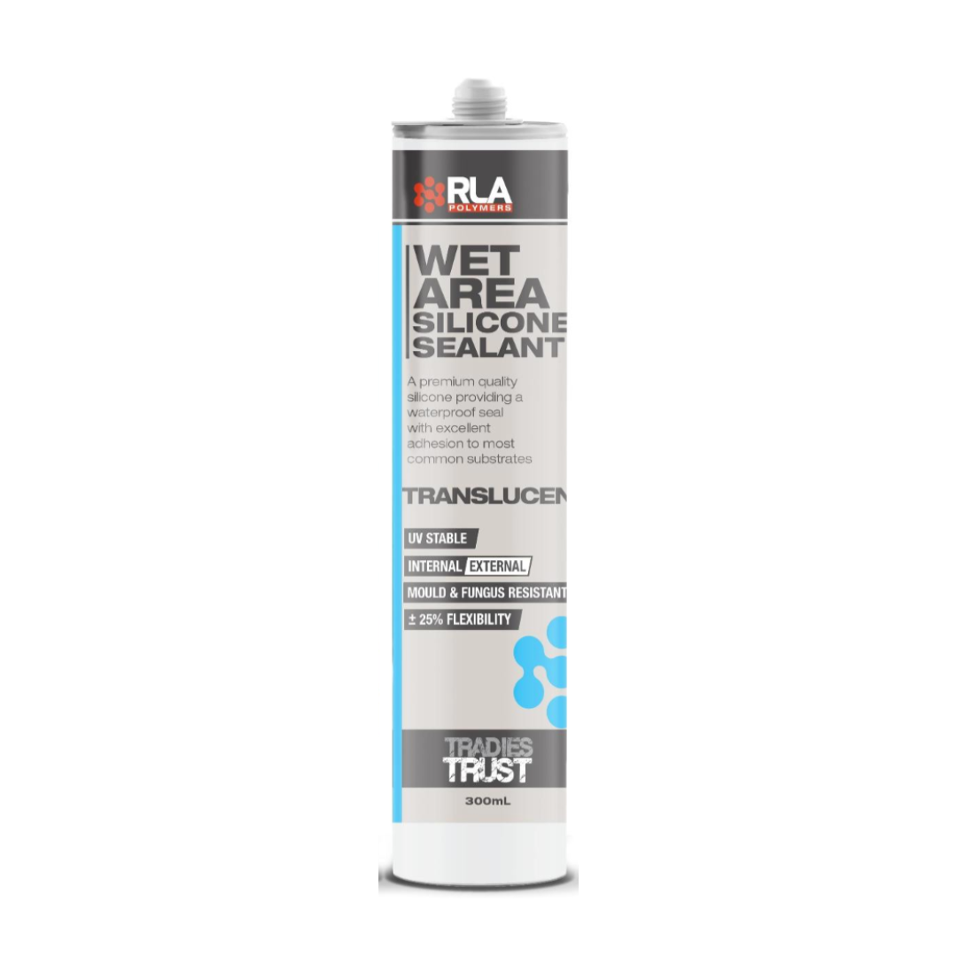 A tube of RLA brand Wet Area Silicone sealant with a gray label, blue accents, and a blue nozzle.