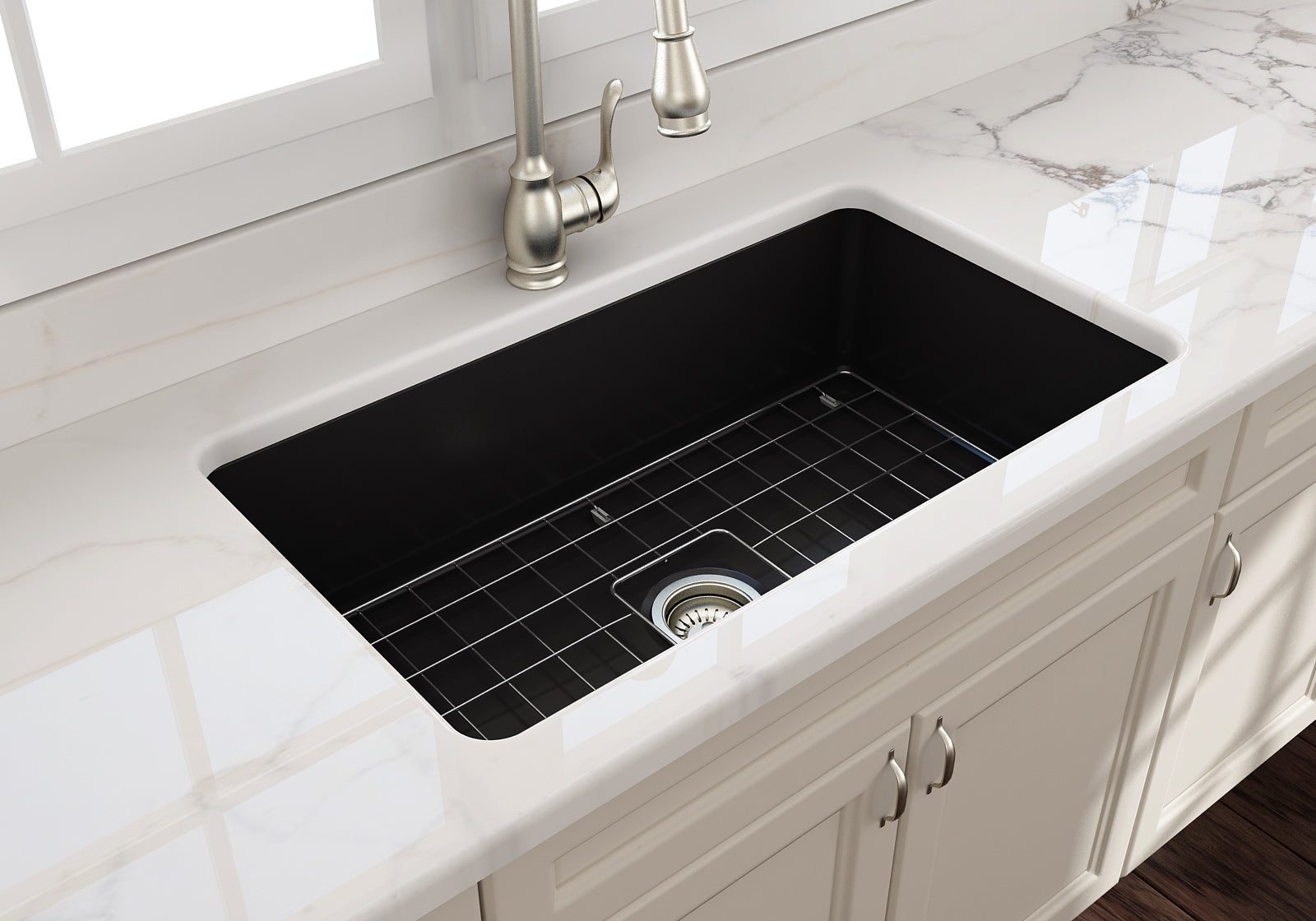 Cuisine 81 x 49 Double Inset / Undermount Fine Fireclay Matte Black Sink with Overflow