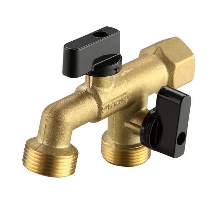 A gold-colored dual outlet garden tap with black fittings on the valves.