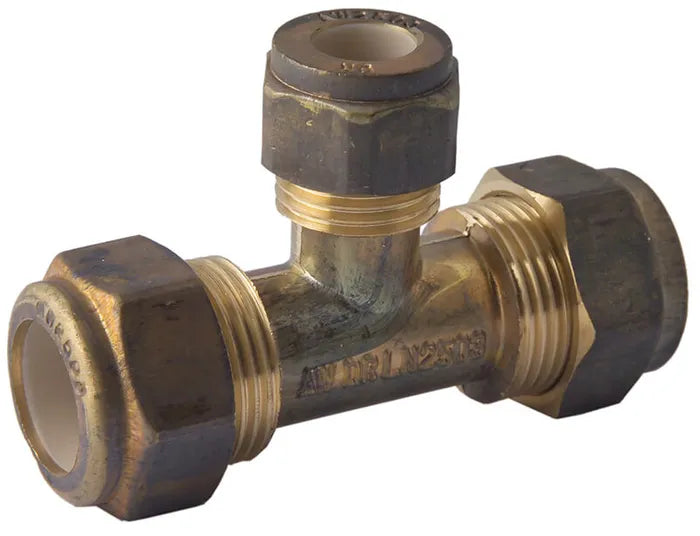 Nylon Olive Compression Reducing Tee - Brass, 20mm x 20mm x 15mm, Lead Free