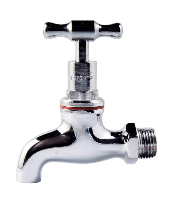 Bib Tap - T-Head, 15mm, Rough Brass & Chrome Plated, Lead Free
