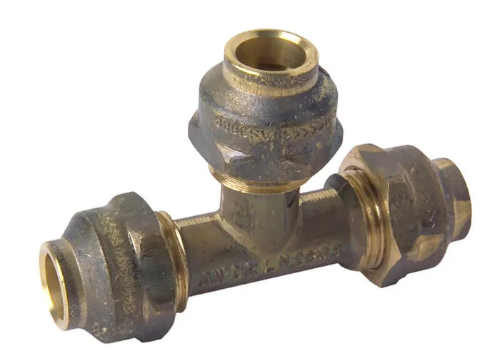 Flared Compression Tee - Brass, All Ends FL, 15mm to 25mm, Lead Free