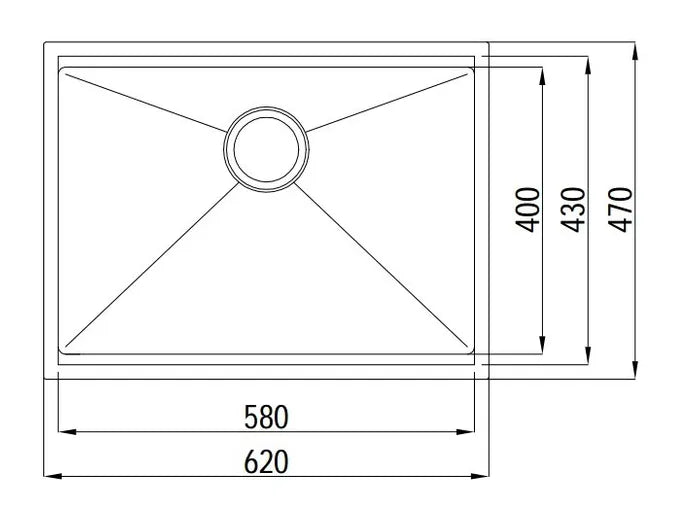 Hand Made Stainless Steel Kitchen Sink - Top or Undermount - 620mm x 470mm x 220mm