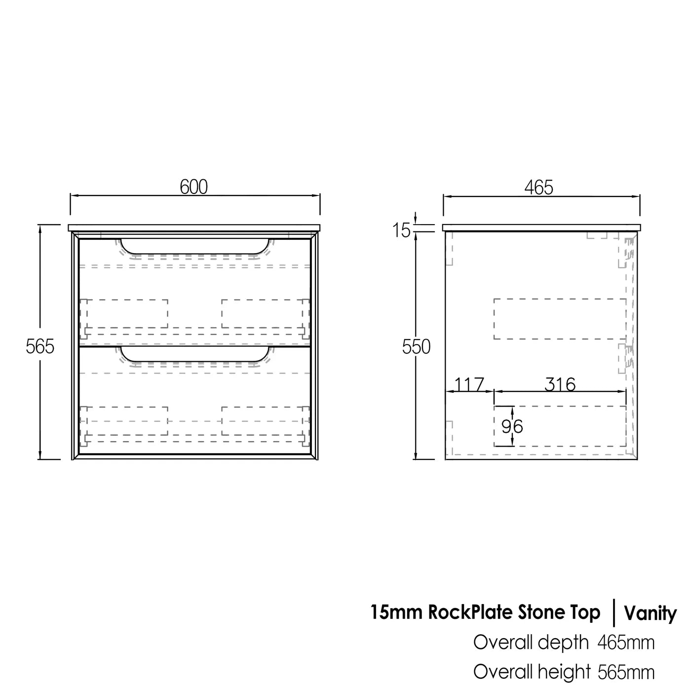 Black Oak Byron 600MM Wall Hung Vanity 60mm Stone Top