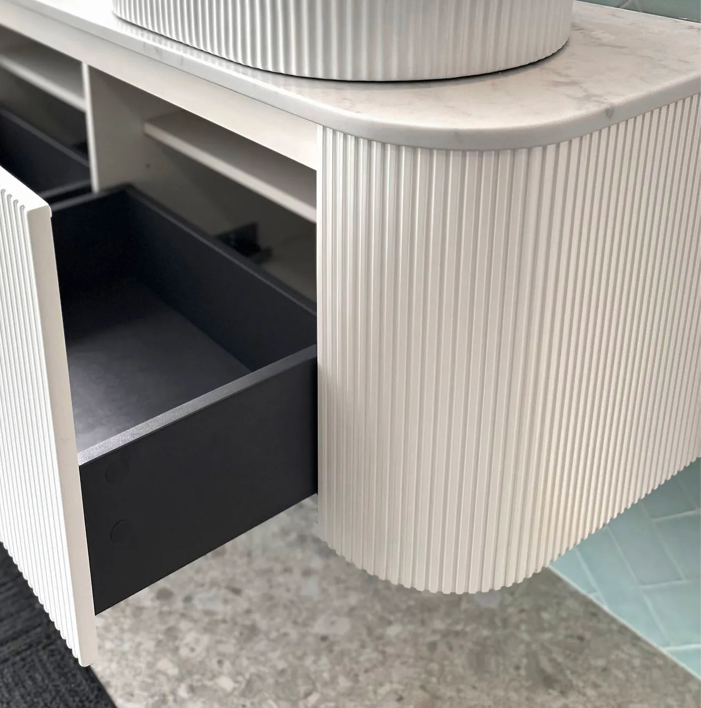 Bondi Satin White Fluted 1500x460 Curve Vanity