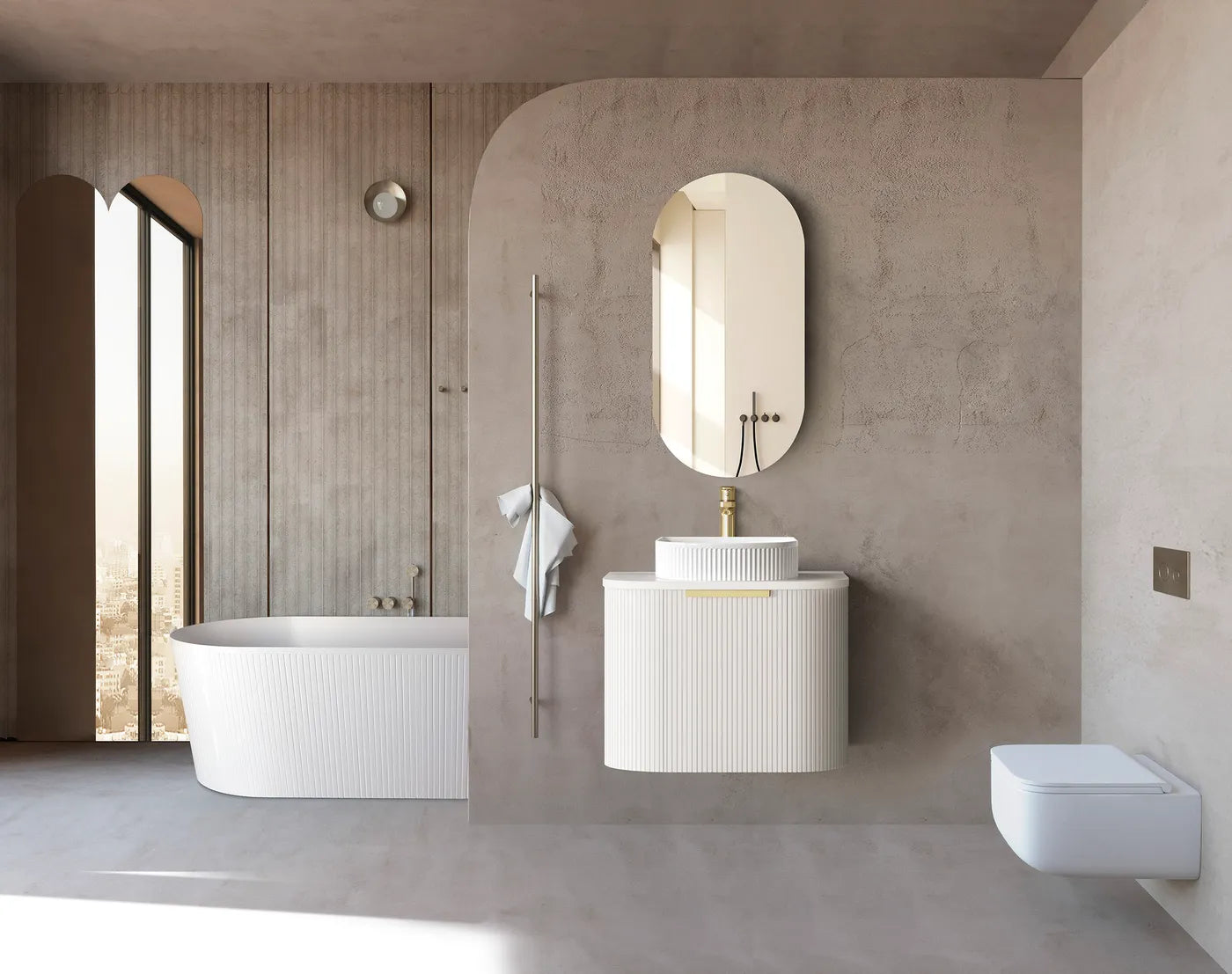 Bondi Satin White Fluted 600x460 Curve Vanity