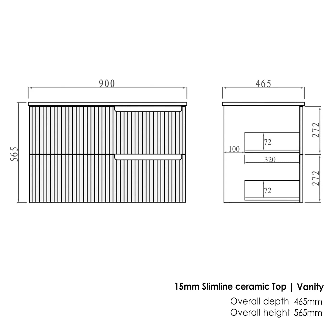 Satin White Noosa 900MM Wall Hung Vanity Slimline Ceramic Top
