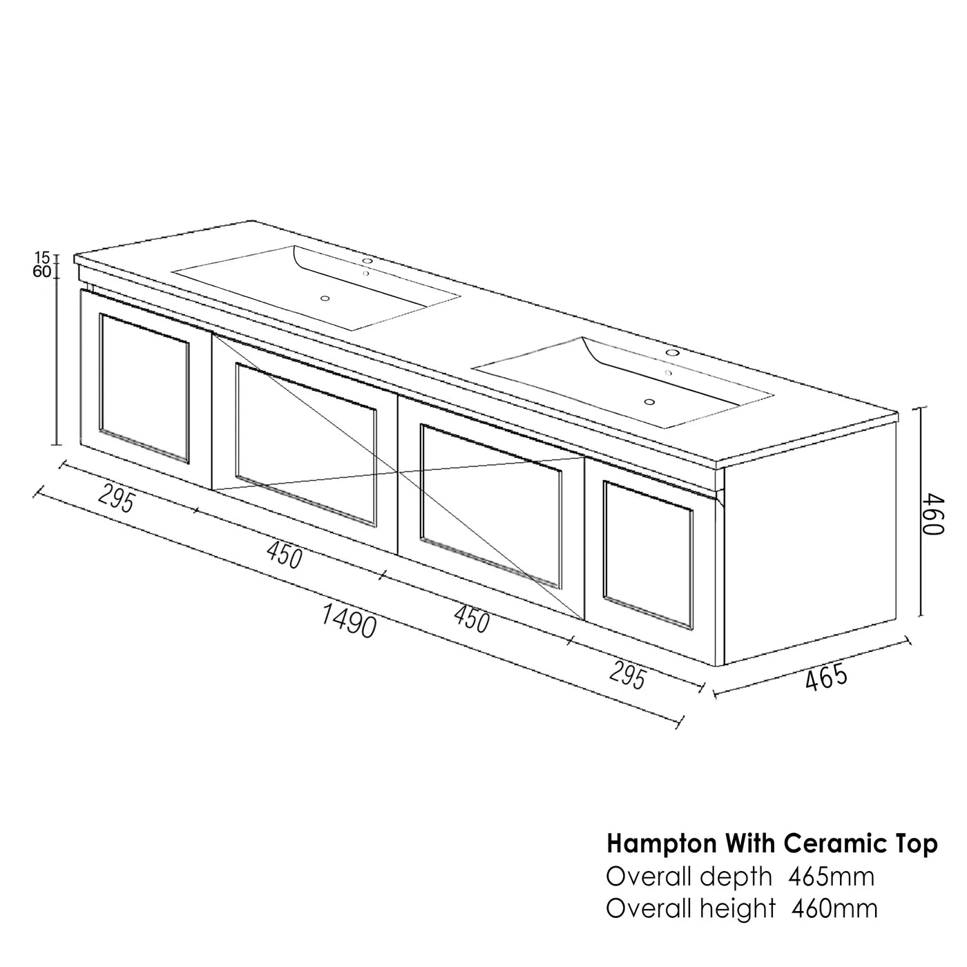 Satin Black Hampton Mark Ii 1500MM Wall Hung Vanity Slimline Ceramic Top