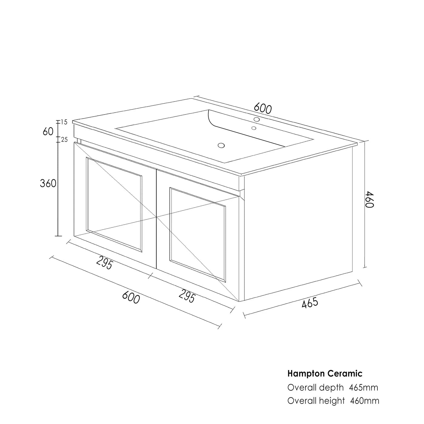 Satin White Hampton Mark Ii 600MM Wall Hung Vanity Slimline Ceramic Top